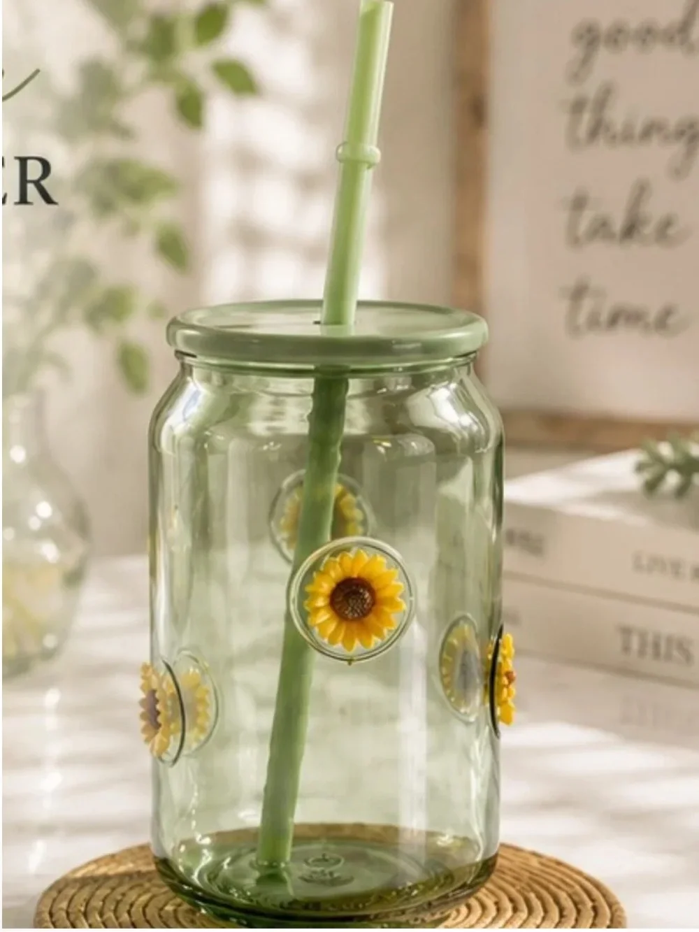 Anthropologie Green Glass Sunflower Tumbler with Straw